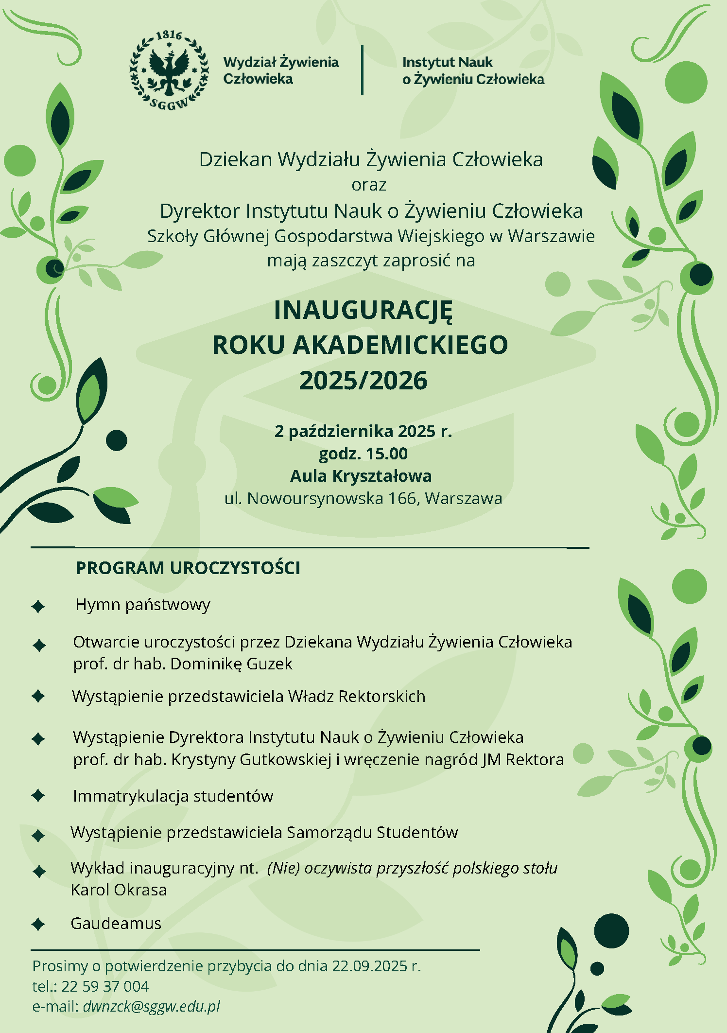 Zaproszenie i program inauguracji roku akademickiego 2025/26