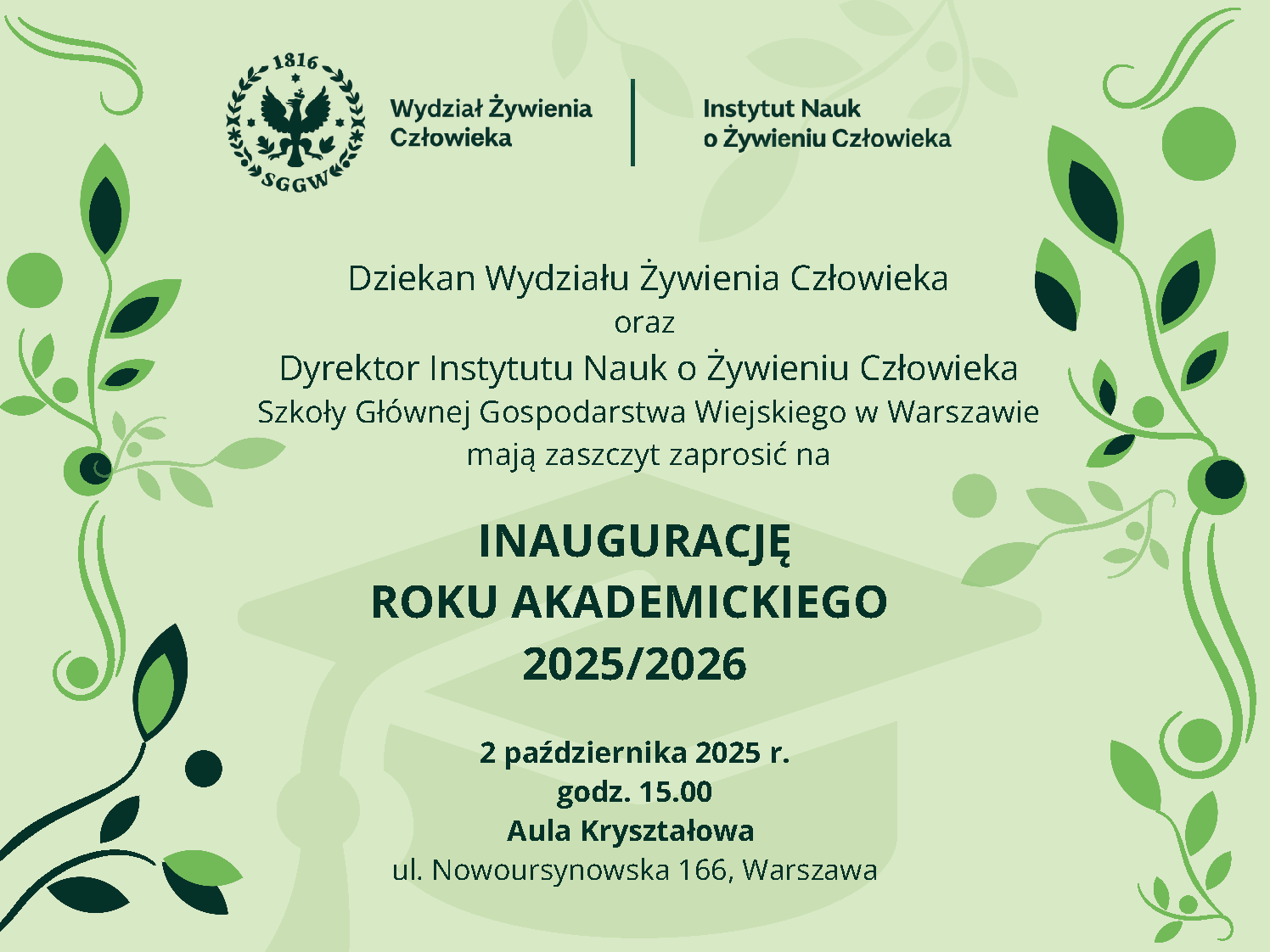 Zaproszenie na inaugurację roku akademickiego
