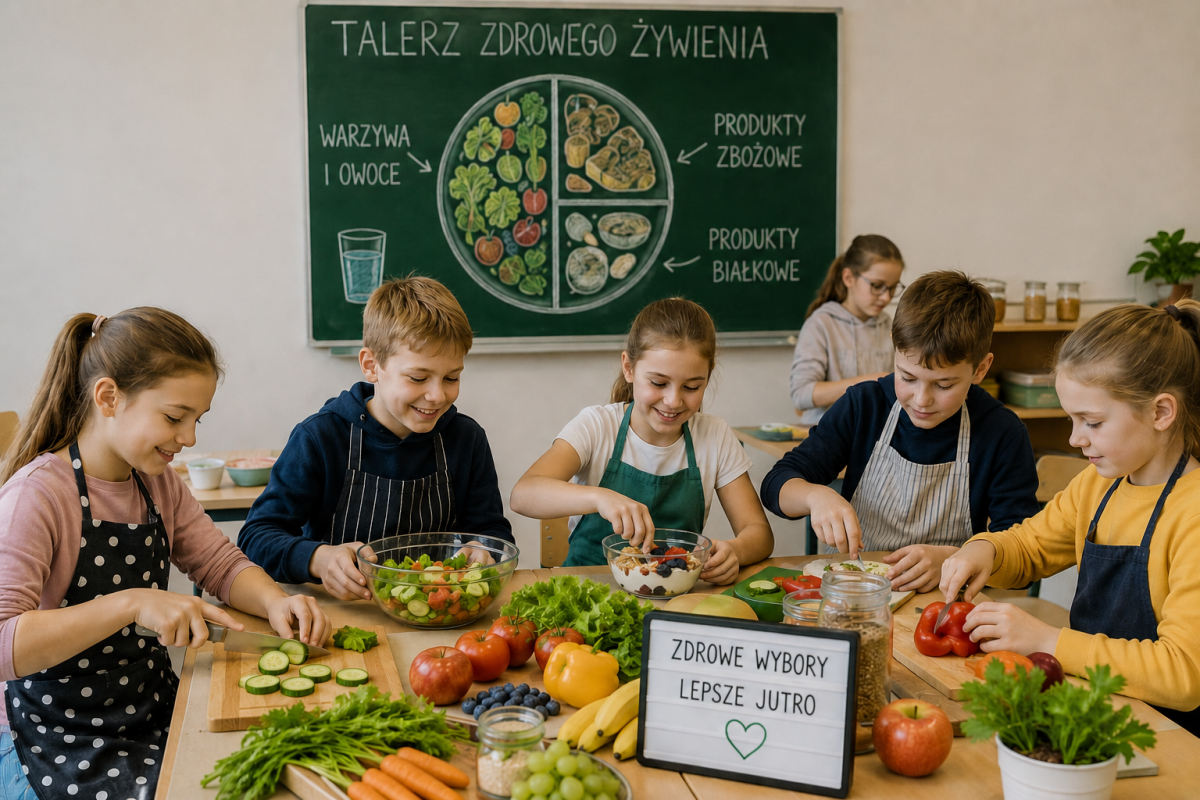 Na obrazku dzieci w wieku szkolnym pracują przy stole zastawionym owocami i warzywami w ramach zajęć dotyczących zasad racjonalnego żywienia.