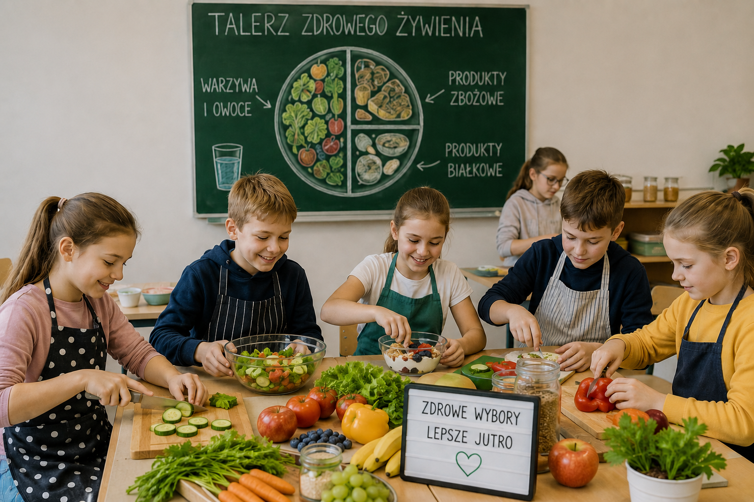 Na obrazku dzieci w wieku szkolnym pracują przy stole zastawionym owocami i warzywami w ramach zajęć dotyczących zasad racjonalnego żywienia.